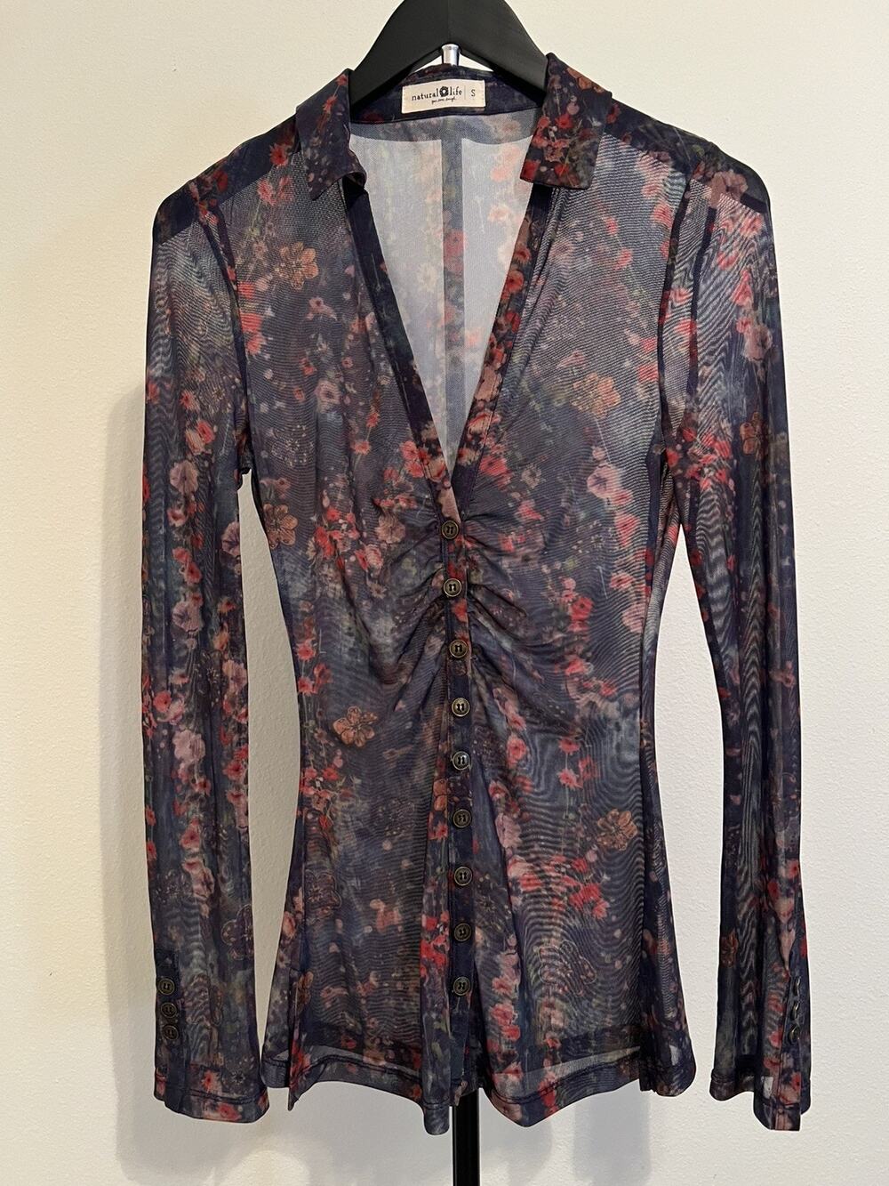 Natural Life Carina Mesh Top S Multicolor Sheer Floral Ruched Button Shirt